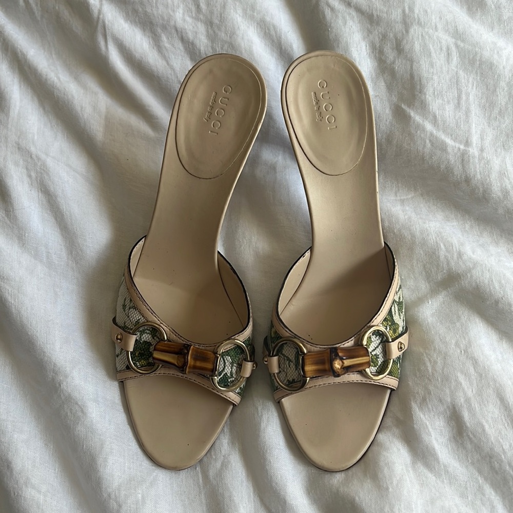 Gucci Bamboo Horsebit Green Floral Open Toe Heels